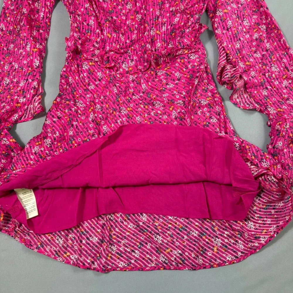 Free People Mini Dress Womens Size 6 Pink Floral Ruffle Flounce Sleeve OB1240766